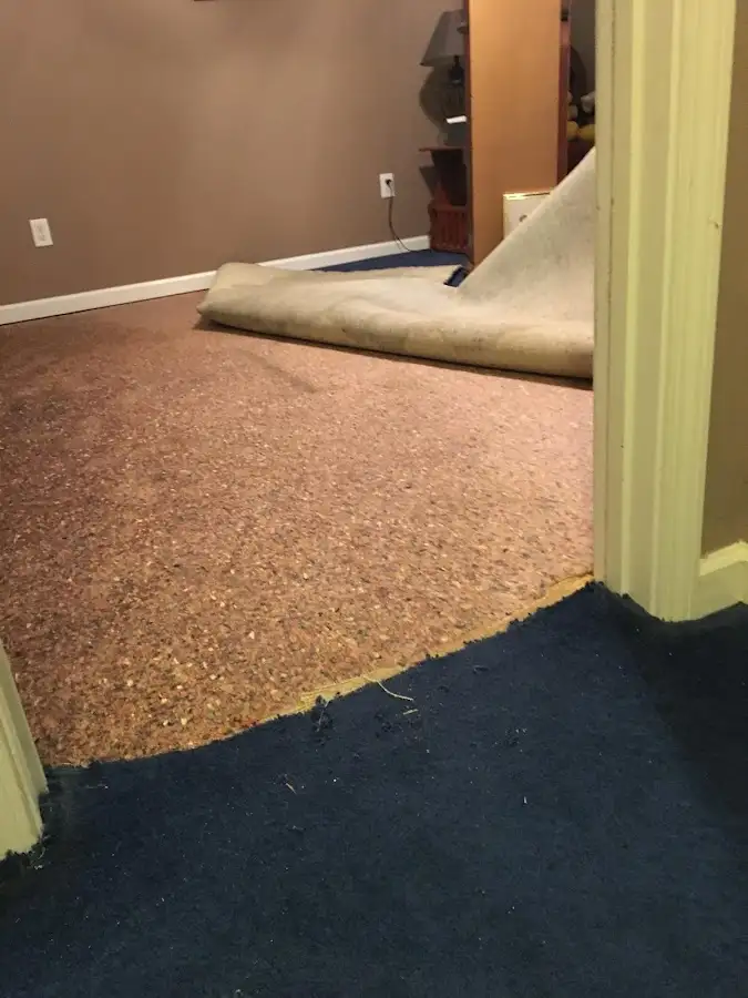Carpet pad removal revealing water damage during Water Mitigation Services in Independence